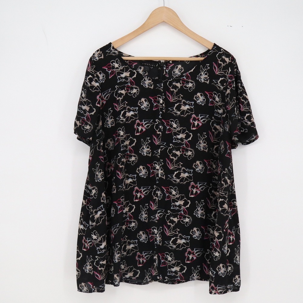Attention Blouse Womens 2X Floral Black Short Sleeve Back Zip Excellent
